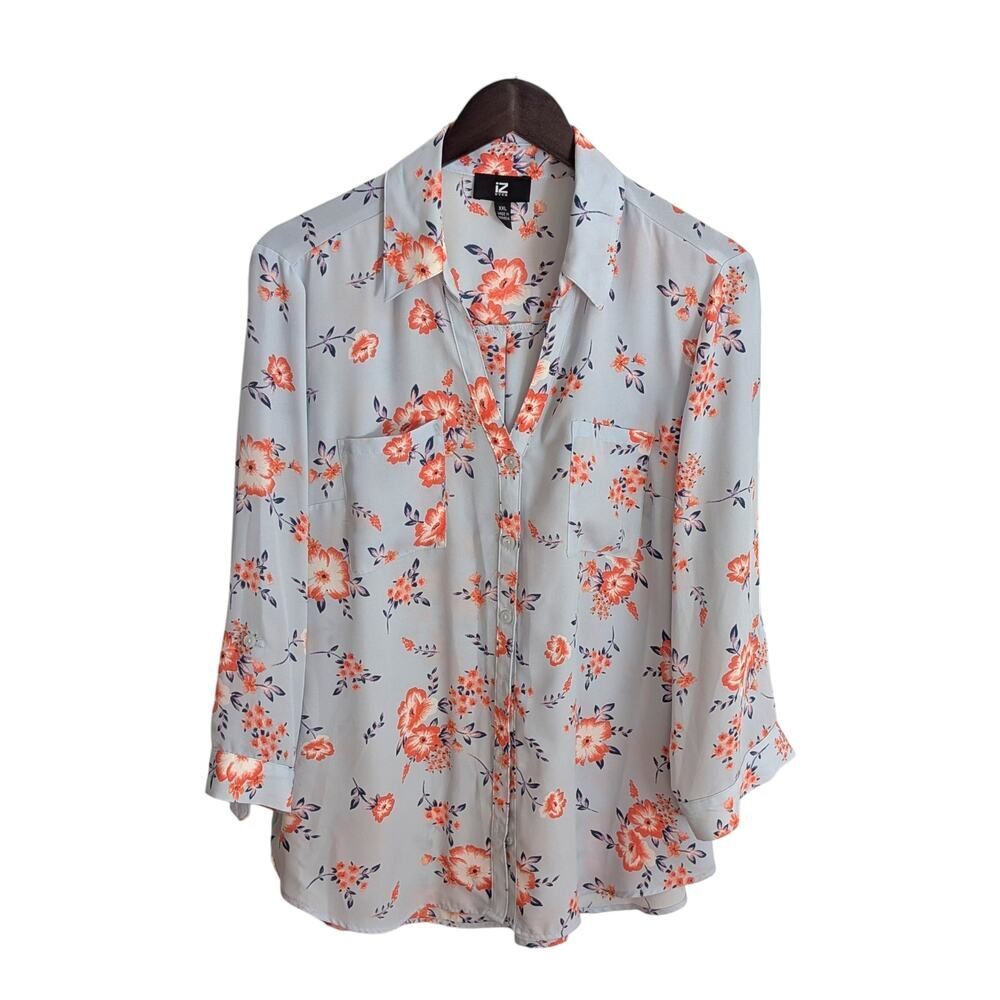 IZ Byer Blue And Pink Floral Button Up Blouse With Roll Sleeves 2XL